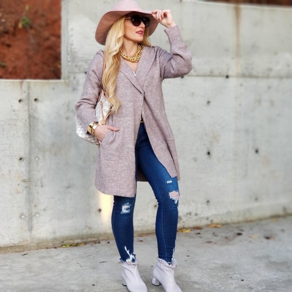 Mauve Open Front Knitted Cardigan with hoodie - Picture 6 of 9